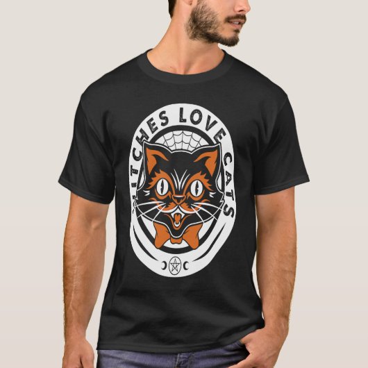 黒猫の魔女のハロウィーンゴスグラフィック Tシャツ (正面)