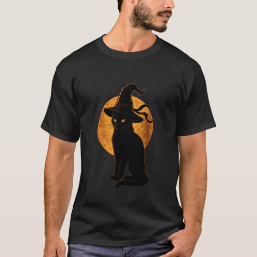 黒猫の魔女の帽子の月ハロウィンデザイン Tシャツ (正面)