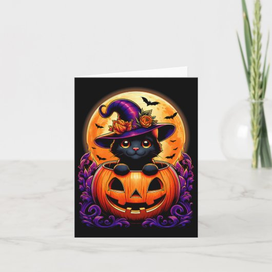 黒猫の魔女ハットカボチャ面白いハロウィーンの男性を見る カード (正面)