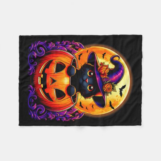 黒猫の魔女ハットカボチャ面白いハロウィーンの男性を見る フリースブランケット (正面(横))