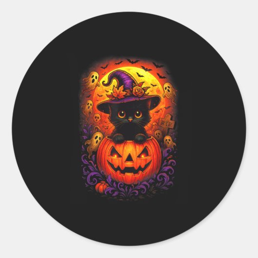 黒猫の魔女ハットカボチャ面白いハロウィーンの男性を見る ラウンドシール (正面)