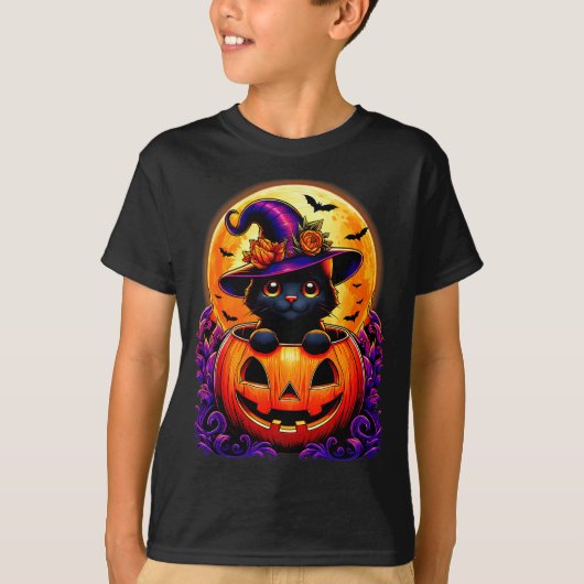 黒猫の魔女ハットカボチャ面白いハロウィーンの男性を見る Tシャツ (正面)