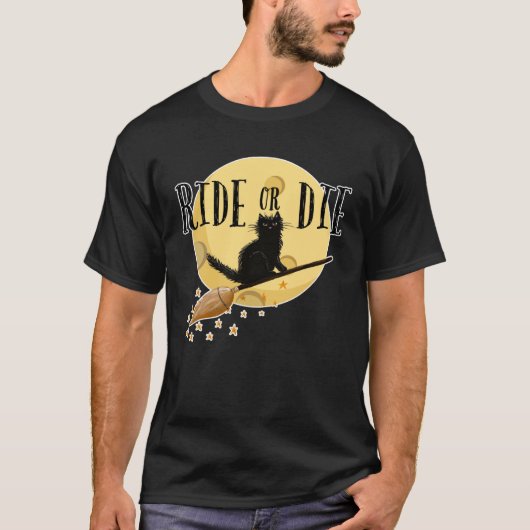 黒猫の魔女ブロムフルムーンハローに乗るか死ぬ Tシャツ (正面)