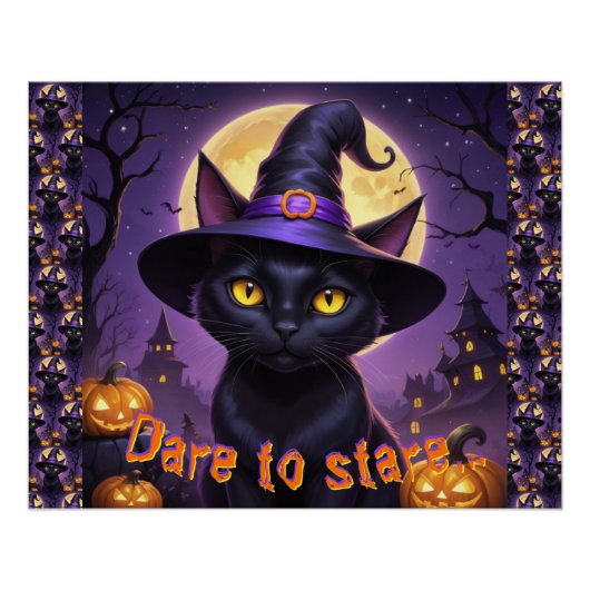 黒猫の魔女帽子とオレンジのカボチャ Dare To Stare ポスター (正面)