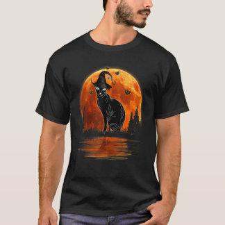 黒猫の魔女帽子と月のハロウィンコスチューム Tシャツ