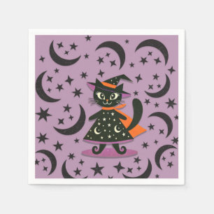 黒猫の魔女 紫の月 星 ハロウィンパーティー スタンダードカクテルナプキン