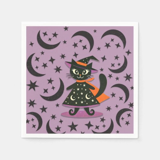 黒猫の魔女 紫の月 星 ハロウィンパーティー スタンダードカクテルナプキン (正面)