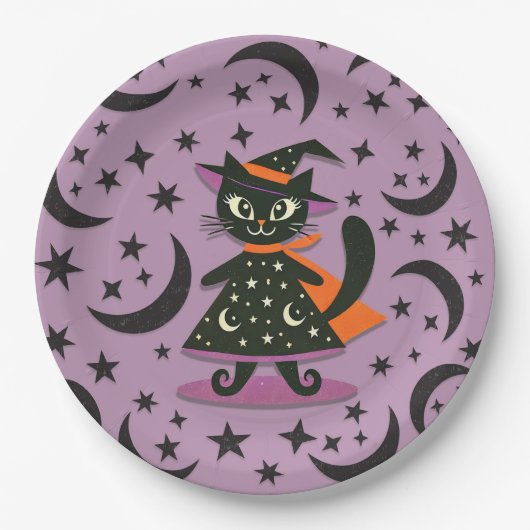 黒猫の魔女 紫色の月と星 ハロウィンパーティー ペーパープレート (正面)