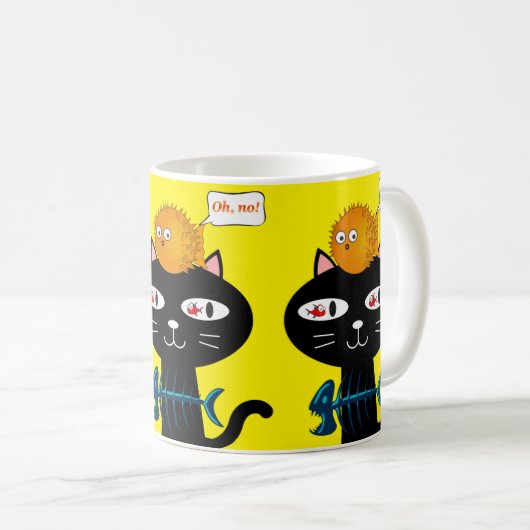 黒猫の魚の骨イエローマグ コーヒーマグカップ (正面右)