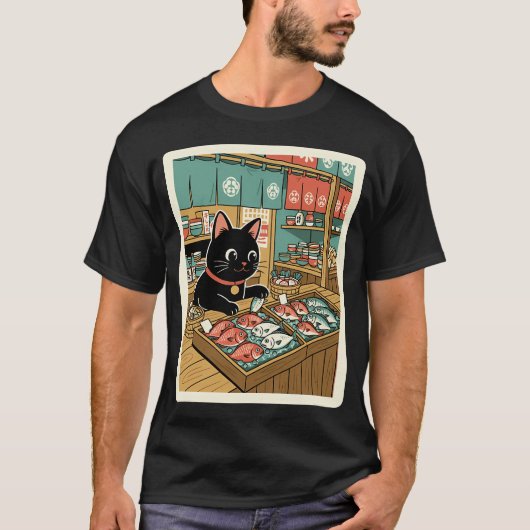黒猫の魚市場 和風イラスト Tシャツ (正面)