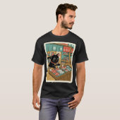 黒猫の魚市場 和風イラスト Tシャツ (正面フル)