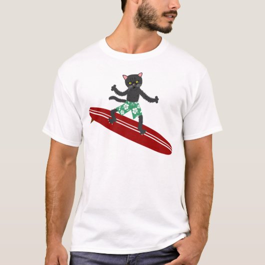 黒猫のLongboardのサーファー Tシャツ (正面)
