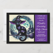 黒猫ほうき魔女魔法ハロウィンベイビーシャワー 招待状 (正面)