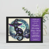 黒猫ほうき魔女魔法ハロウィンベイビーシャワー 招待状 (スタンド正面)