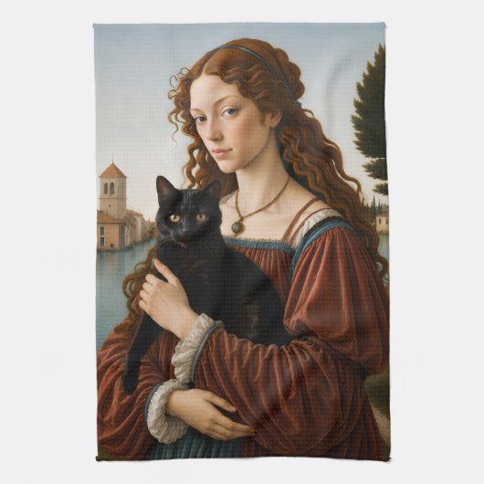 黒猫を伴うルネサンス風の女性 キッチンタオル (縦)