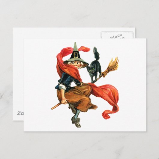 黒猫を使って魔女が箒を振り回す ポストカード (正面/裏面)