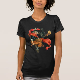 黒猫を使って魔女が箒を振り回す Tシャツ