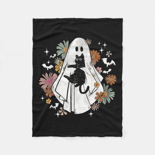 黒猫を抱えるおもしろい幽霊 ハロウィン ねこ 幽霊 フリースブランケット (正面)