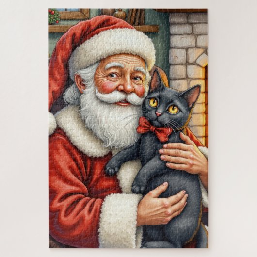 黒猫を持つサンタクロースのクリスマスアート ジグソーパズル (縦)
