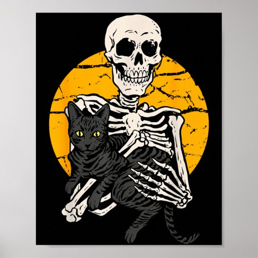 黒猫を持つスケルトンのハロウィン キャット ポスター (正面)