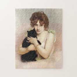 黒猫を持つバレリーナの若い女性の絵 ジグソーパズル