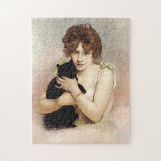 黒猫を持つバレリーナの若い女性の絵 ジグソーパズル