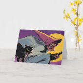 黒猫を持つヴィンテージのハロウィンの魔法使い カード (黄色い花)
