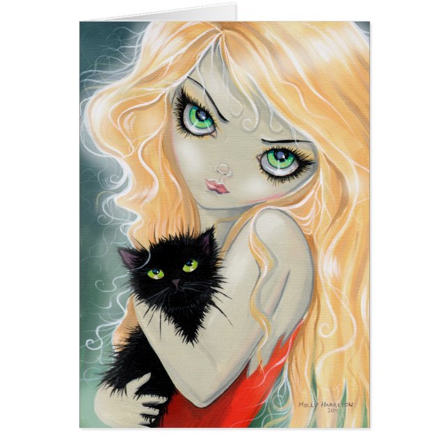 黒猫を持つ大きな目の女の子カード (正面)