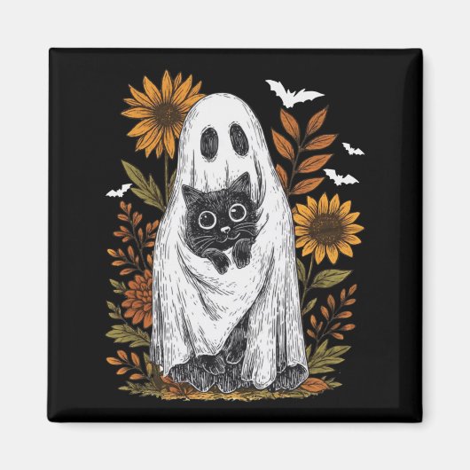 黒猫を持つ面白い幽霊 ハロウィン ゴースト キャット マグネット (正面)
