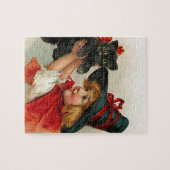 黒猫を握っているヴィンテージのハロウィンの小さい魔法使い ジグソーパズル (横)