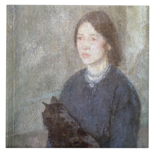 黒猫を飼っている若い女性（Gwen John著） タイル (正面)