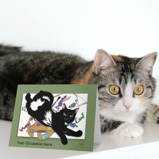 黒猫アーティストの遊び心あふれる絵画 グリーン カード