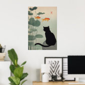 黒猫アートプリント 池と金魚 ポスター (ホームオフィス)