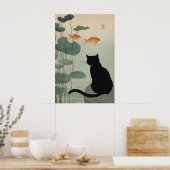 黒猫アートプリント 池と金魚 ポスター (キッチン)