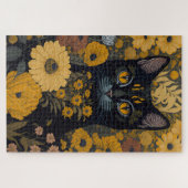 黒猫イエローアイズヴィンテージ花 ジグソーパズル (横)