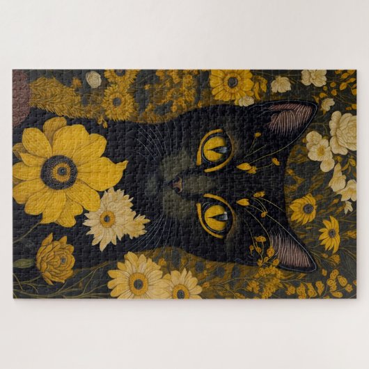 黒猫イエローアイズヴィンテージ花#2 ジグソーパズル (横)