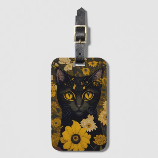 黒猫イエローアイズヴィンテージ花#2 ラゲッジタグ (正面縦)
