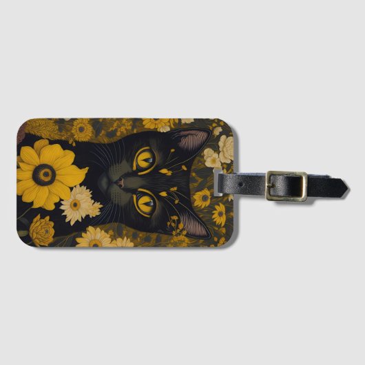黒猫イエローアイズヴィンテージ花#2 ラゲッジタグ (正面横)