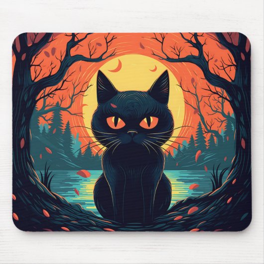 黒猫イラストレーショングラフィック不気味ハロウィン マウスパッド (正面)