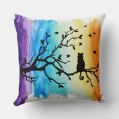 黒猫インツリーシルエット虹の水彩 クッション (裏面)