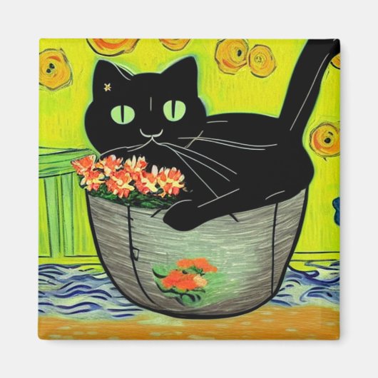 黒猫インフラワーポット マグネット (正面)