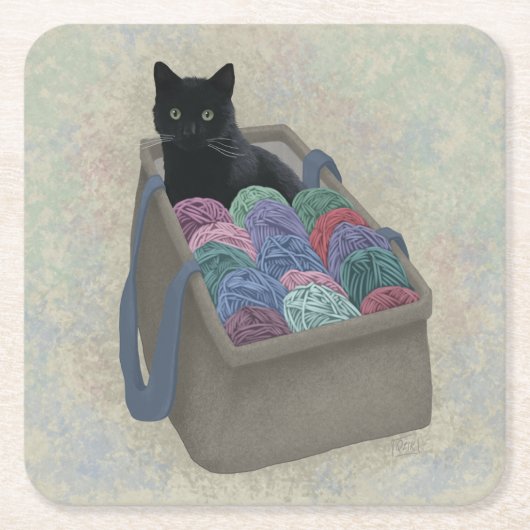 黒猫インヤーンバッグ スクエアペーパーコースター (正面)