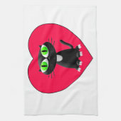 黒猫イン赤いハート キッチンタオル (縦)