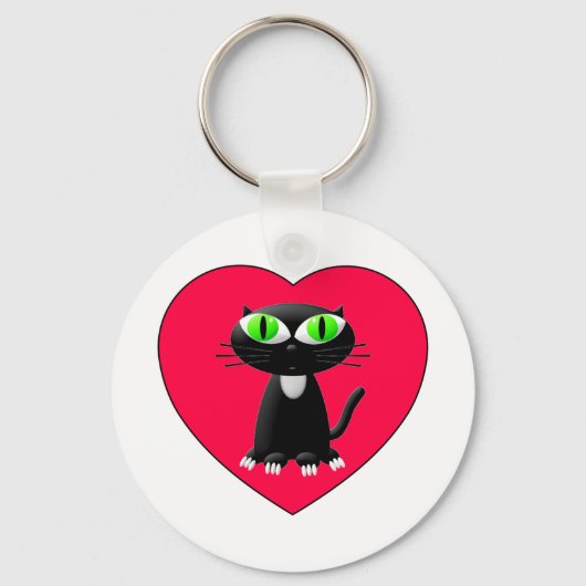 黒猫イン赤いハート キーホルダー (正面)