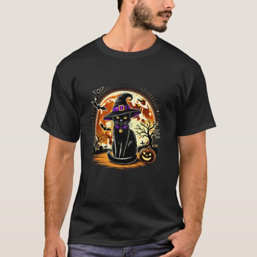 黒猫ウィッチヴィンテージ猫怖いハロウィーン猫 Tシャツ (正面)
