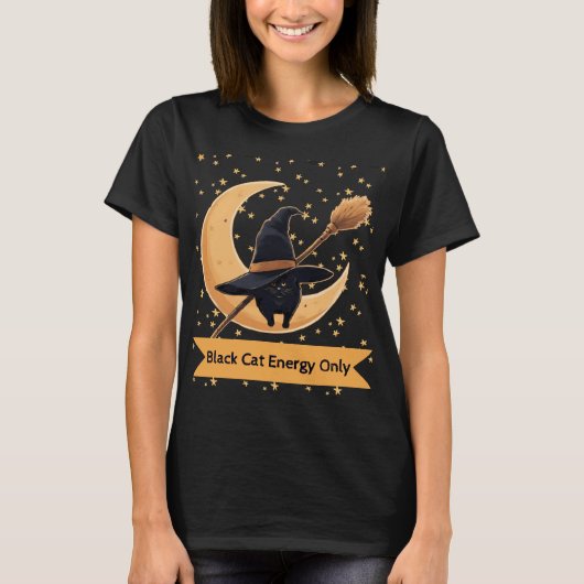 黒猫エナジーのみの魔女猫デザイン Tシャツ (正面)
