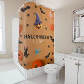 黒猫エレガントピンクモノグラムハロウィンカボチャ シャワーカーテン (インサイチュ)