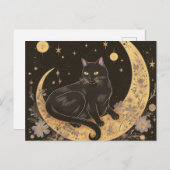 黒猫オンクレセントムーンブラック金ゴールドハロウィン シーズンポストカード (正面/裏面)