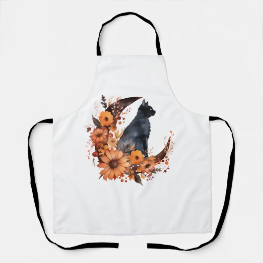 黒猫オンフローラムーンパンプキンブラックキャットハロー エプロン (正面)