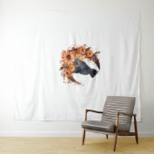 黒猫オンフローラムーンパンプキンブラックキャットハロー タペストリー (インサイチュ(横))